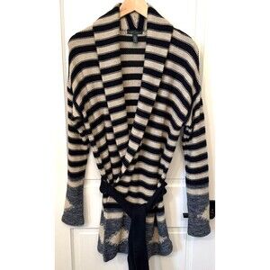 LRL Ralph Lauren Striped Western Cotton Linen Blend Open Belt Cardigan Sweater S